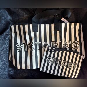 NWT-Victoria's Secret Black and White Striped Tote Bag Set